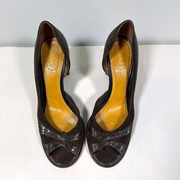 Chloe Leather Suede Cut Out Peep Toe Heels Women's 38.5 (US 8.5) - Picture 2 of 11